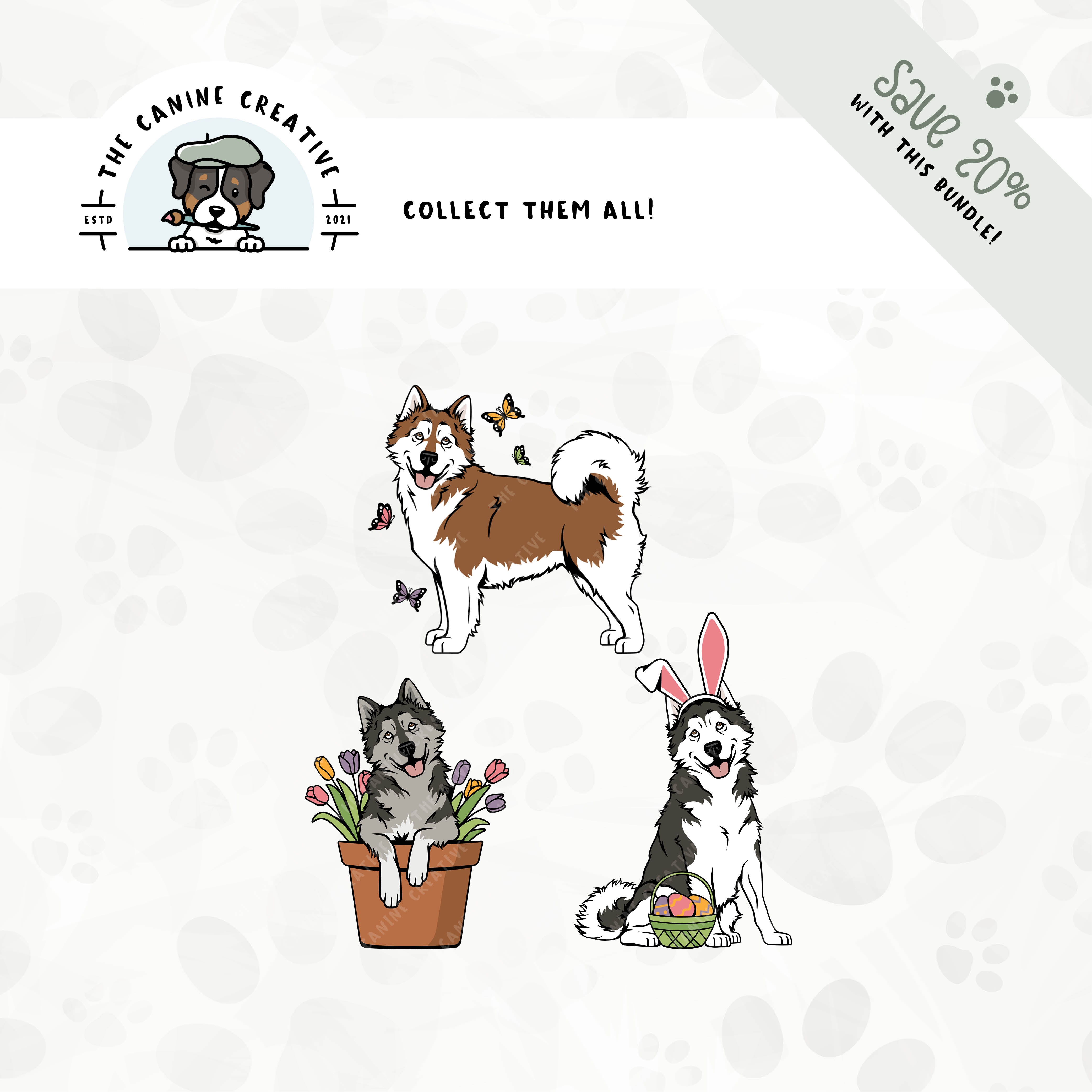 Save 20% with our related 3-pack springtime design bundle featuring Alaskan Malamutes!